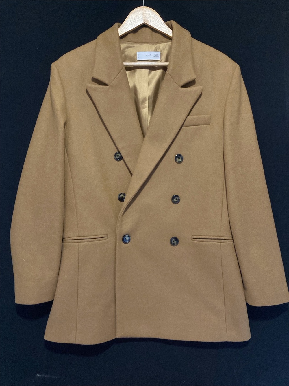 MNG Mango Double Breasted Wool Camel Color Winter Coat, Car Coat, Women's Large
